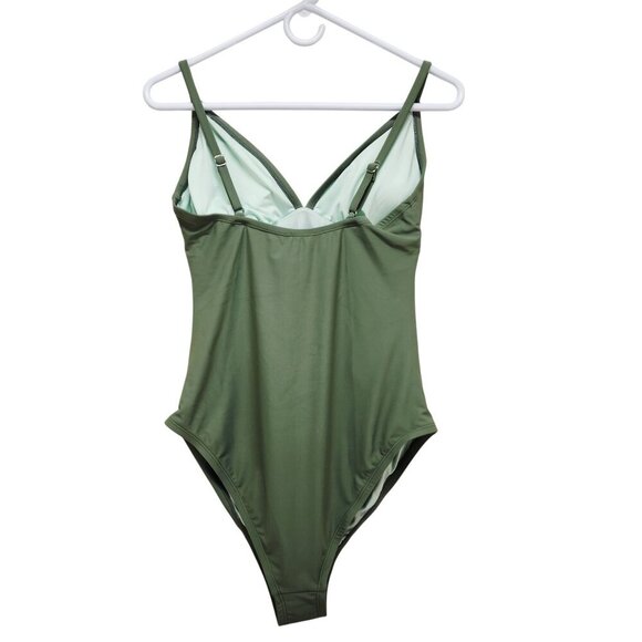 Olive Green One-Piece Swimsuit Adjustable Straps Ruched Design  Size M Womens - Picture 2 of 6
